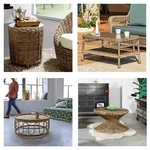 4 modèles de tables basses en rotin naturel pour vente à l'export de Bali par agent sourcing Indonésie.