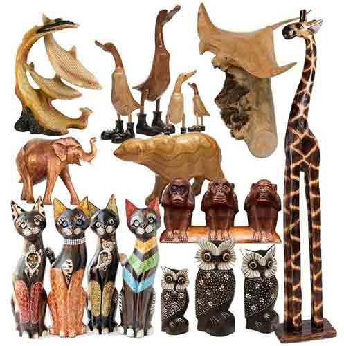 Décoration animaux sculptés en bois en vente à l'export pour grossistes par agent sourcing à Bali en Indonésie. 