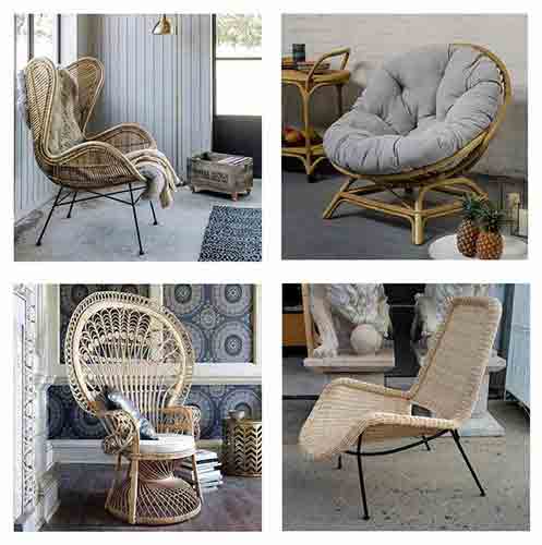 4 différents modèles de fauteuils en rotin naturel pour vente à l'export de Bali par agent sourcing Indonésie.
